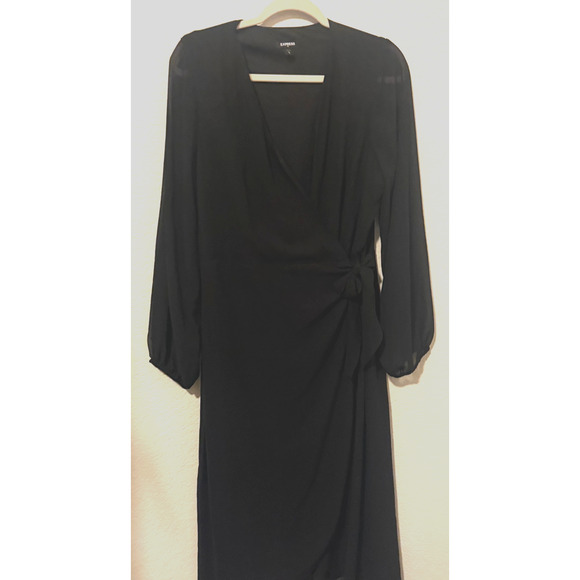 Express Women’s Black Whimsigoth Long Sleeve Faux Wrap Midi Dress Tie Waist - XL - Picture 4 of 9